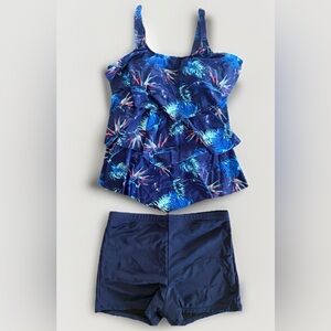 Septangle Tankini Swimsuit Women Size 8 Blue  Ruffle Top Boyshort 2 Piece